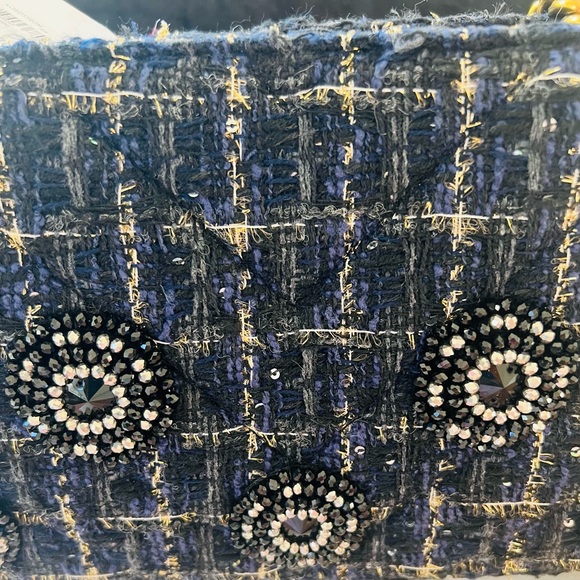 KURT GEIGER NAVY & BLACK EMBELLISHED with Gold Accent Tweed Handbag - Gold Chain - Picture 10 of 16
